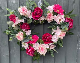 Summer time wreath, heart wreath, pink wreath, door decor, artificial wreath for your front door. Gerberas, roses, hydrangeas and eucalyptus