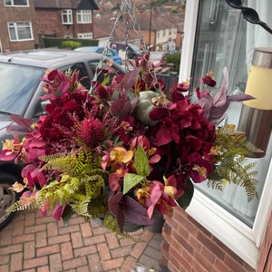 Artificial Hanging Basket With Berries & Thistle - 20 Inch Autumn/Winter Greenery Decor, Ready To Hang