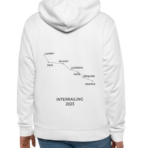 Individueller Interrailing Hoodie Personalisierte Zugstrecke Karte Gap Jahr Reiseandenken, europäisches Backpacker Geschenk, kundenspezifisches Reiseplan-Sweatshirt