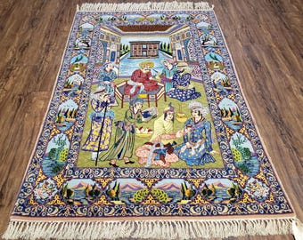 Antique Persian Pictorial Rug 3x5, Wool on Silk Foundation, Hand-Knotted Highly Detailed Imperial Court Sultans, Collectible Oriental Rug