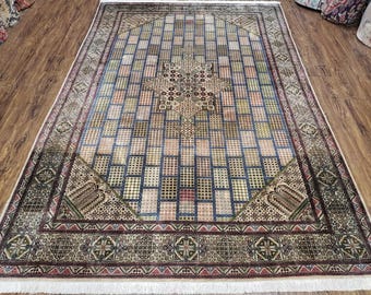 Sino Persian Silk Rug 6.4 x 9.9, Very Fine Hand Knotted Carpet, Panel Design Multicolor, Silk Pile on Silk Foundation, Handmade Vintage