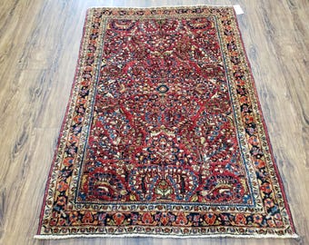 Antique Persian Rug 3x5 ft, Hand-Knotted, Red, Allover Pattern, 3&#39;4&quot; x 4&#39;10&quot;, Oriental Carpet, 1920s Antique Rug