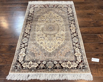 Silk Indian Kashmiri Rug 4x6 ft, Floral Medallion Hand Knotted Handmade Oriental Carpet, Vintage, Cream Burgundy, Very Fine Silk Rug 4 x 6
