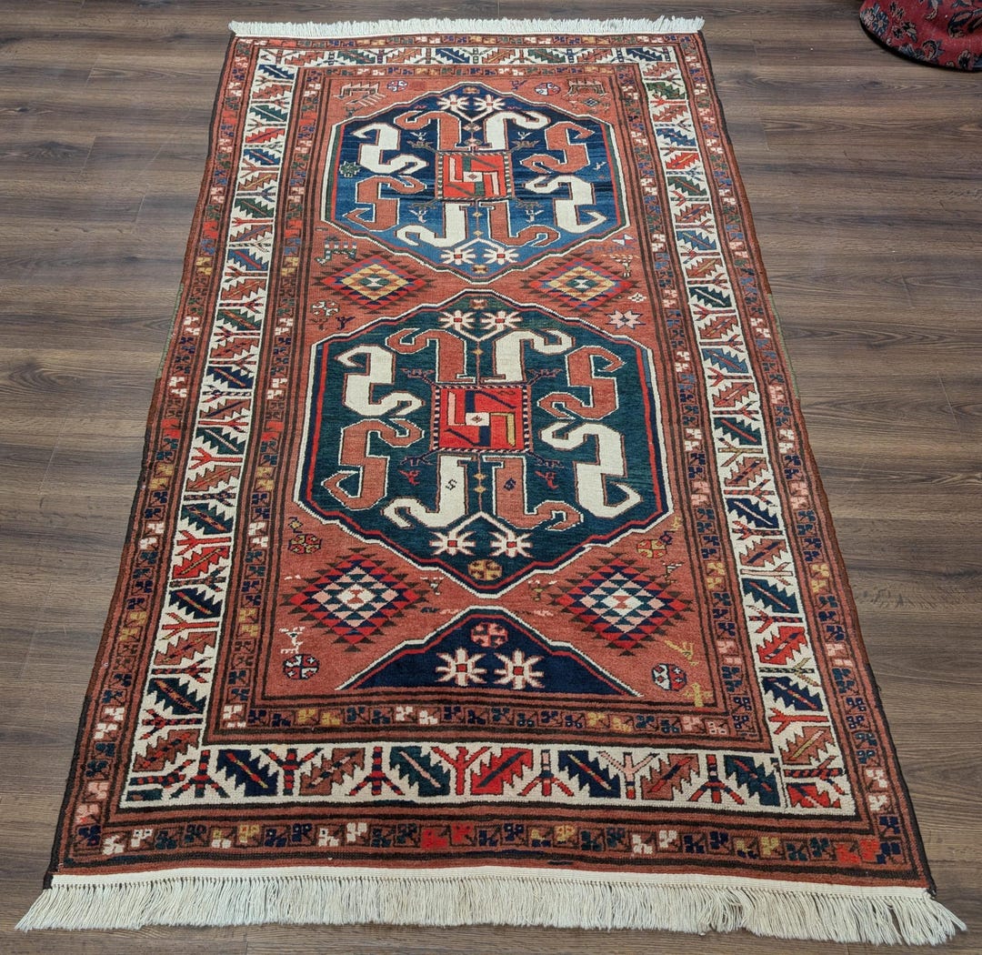 Antique Caucasian Rug 5x8, Cloudband Kazak Carpet, Collectible