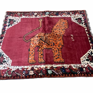 5 X 6 Handmade Rug Zagros Quality Wool Rug Lion Organic Dyes Red Leopard Tribal