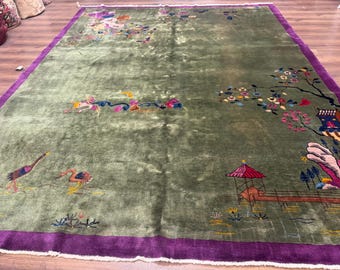 Antique Chinese Nichols Rug 9x12, Rare Art Deco Carpet, Chinese Wool Rug, Green and Purple