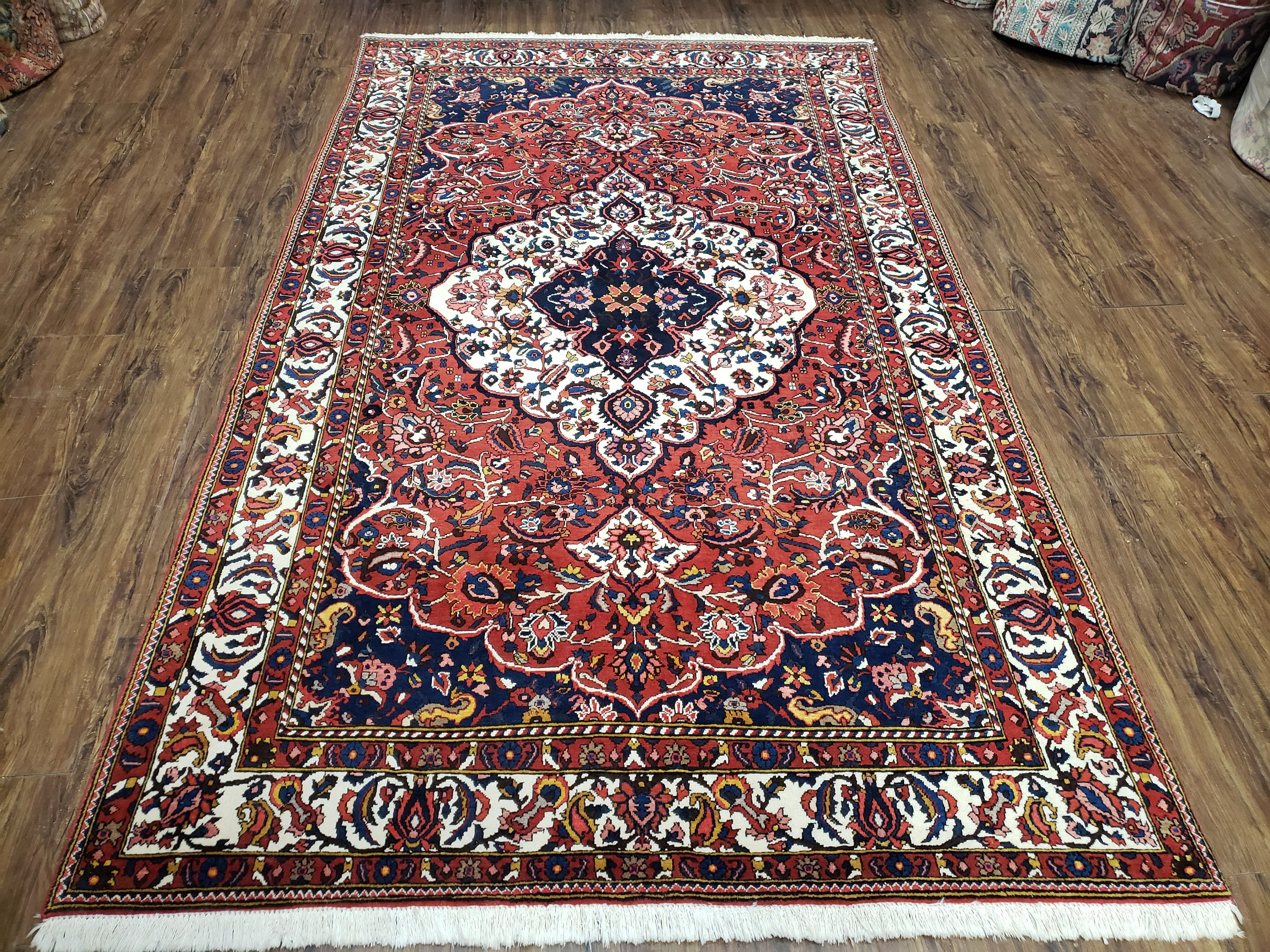 Red Persian Rug, 5.1 X 8.6 Ft, 1940s Persian Carpet, Handmade Oriental Rug,  Allover Floral Medallion, Red Midnight Blue Ivory, 5x9 Wool Rug -   Canada
