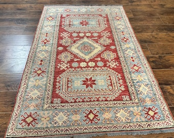 Turkish Kazak Rug 4x6, Handmade Vintage Wool Carpet, Geometric Design, Red and Light Blue