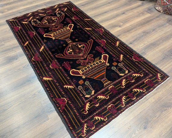 Afghan Baluch Rug 4x7, Persian Vase Design, Handmade, Wool, New - Etsy