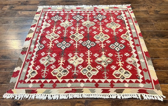 Indischer Kelim Teppich 200x150, Kilim Teppich Flachgewebe, Handgemacht Vintage Rot