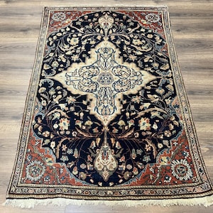 Antique Persian Rug 3.5 x 5, High Quality 1920s Fine Oriental Carpet 3 x 5 ft, Large Medallion, Floral, Navy Blue Red, Hand Knotted Wool Rug