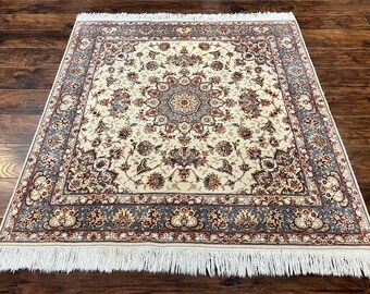 Sino Persian Square Rug 5x5, Very Fine Oriental Carpet, Wool & Silk Highlights, Ivory, Hand Knotted Handmade Vintage Traditional Rug