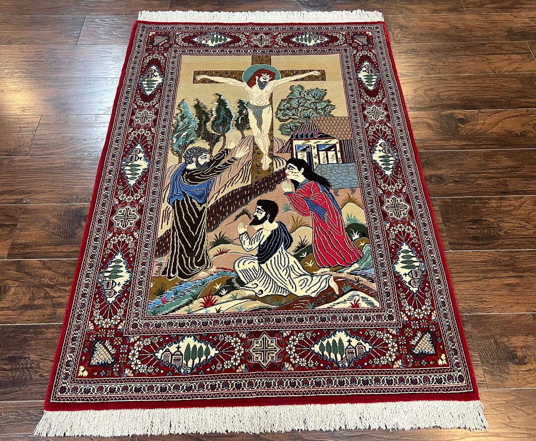 Persian Pictorial Rug 3x5, Rare Christian Rug, Jesus on Cross, Hand
