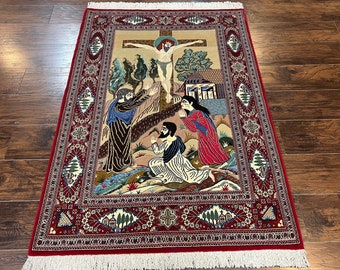 Persian Pictorial Rug 3x5, Rare Christian Rug, Jesus on Cross, Hand Knotted Vintage Wool Carpet, Hanging Oriental Rug, Tan Dark Red, Unique