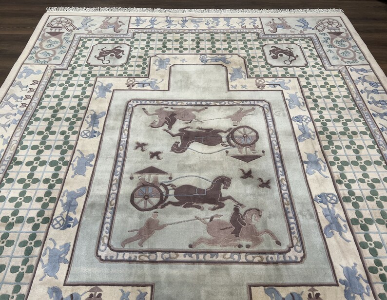 Chinese Wool Rug 8x10 Horses and Chariots Vintage 1960s Etsy