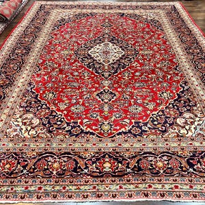 Persian Rug 10x13, Floral Medallion, Traditional Area Rug, Red Navy Blue Ivory, Handmade Semi Antique Vintage Wool Oriental Carpet 10 x 13