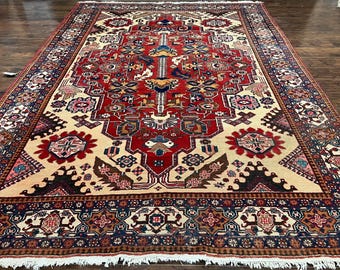 Antique Persian Heriz Rug 8x12 ft, Geometric Tribal Room Sized Carpet, Camel Hair Red Navy Blue, Wool Hand Knotted Medallion Oriental Carpet