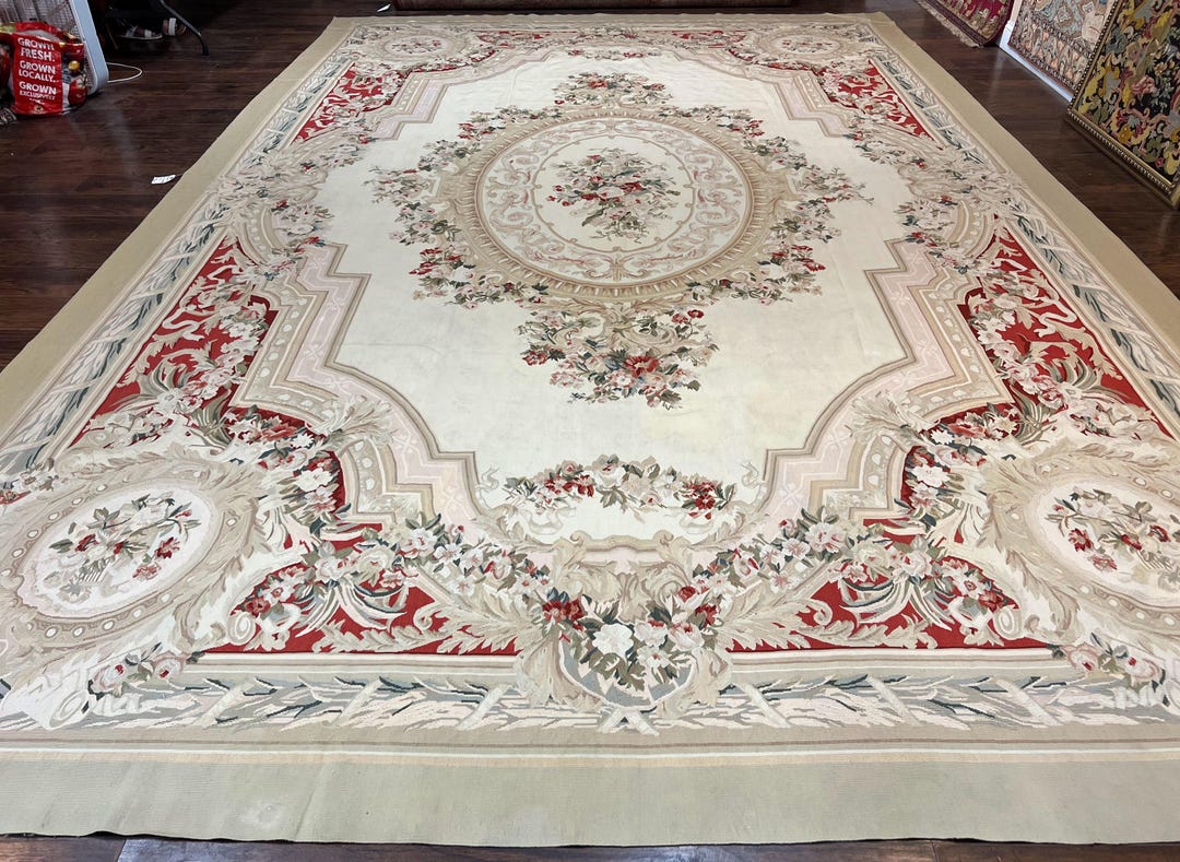 ラグ・カーペット vintage rug, 218 Aubusson Large Aubusson Rug 11x17, Wool Handmade Vintage Carpet, Ivory