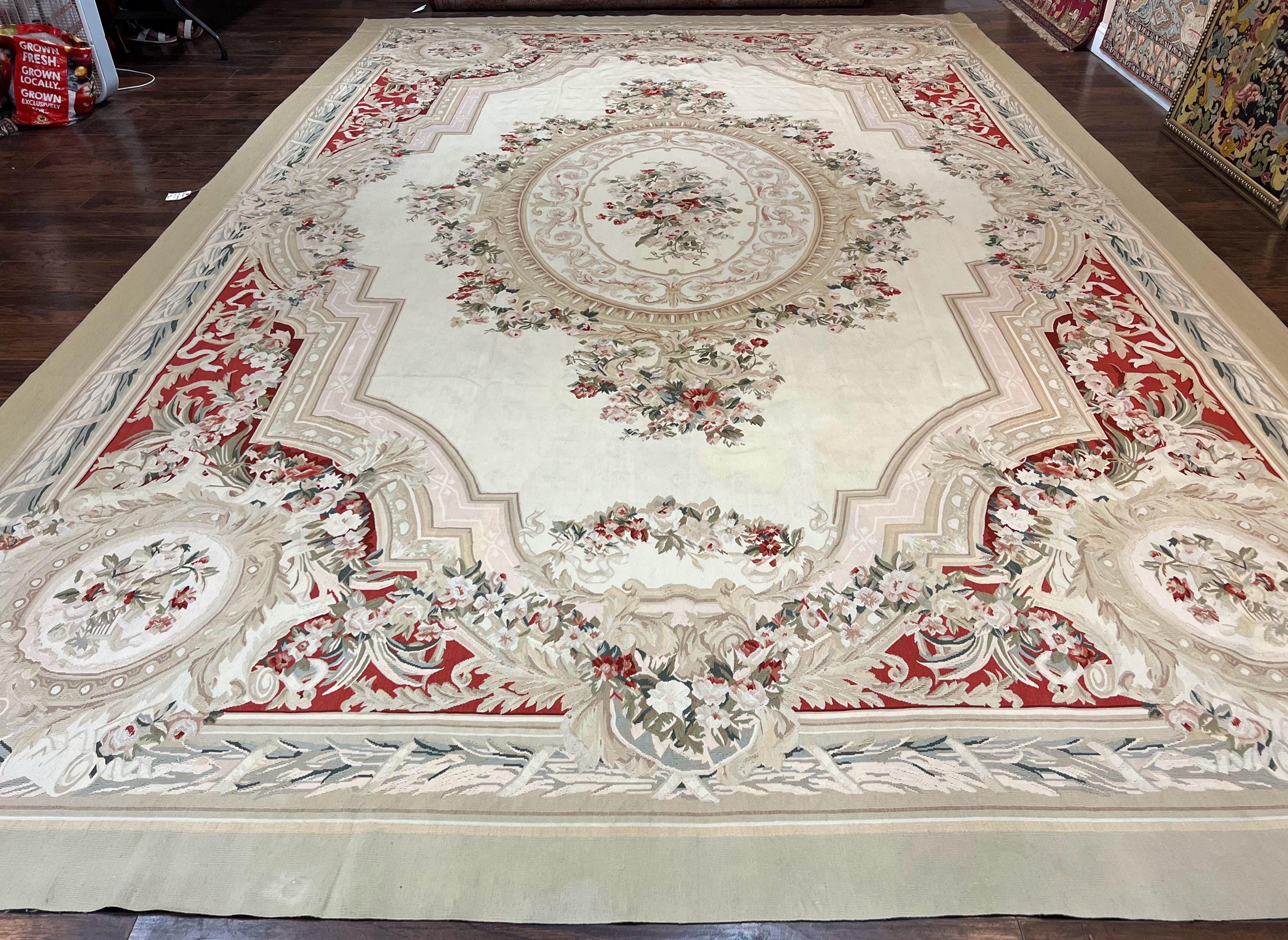 Large Aubusson Rug 11x17, Wool Handmade Vintage Carpet, Ivory