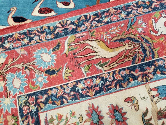 アンティークペルシャ絨毯 5x7、動物と人物の絵画、手織りの上質な