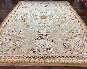 Aubusson Rug 9x12, Elegant Savonnerie Carpet 9 x 12 ft, Beige Ivory Tan, Floral, Flatweave Wool Handmade Area Rug 9 x 12 ft, European French