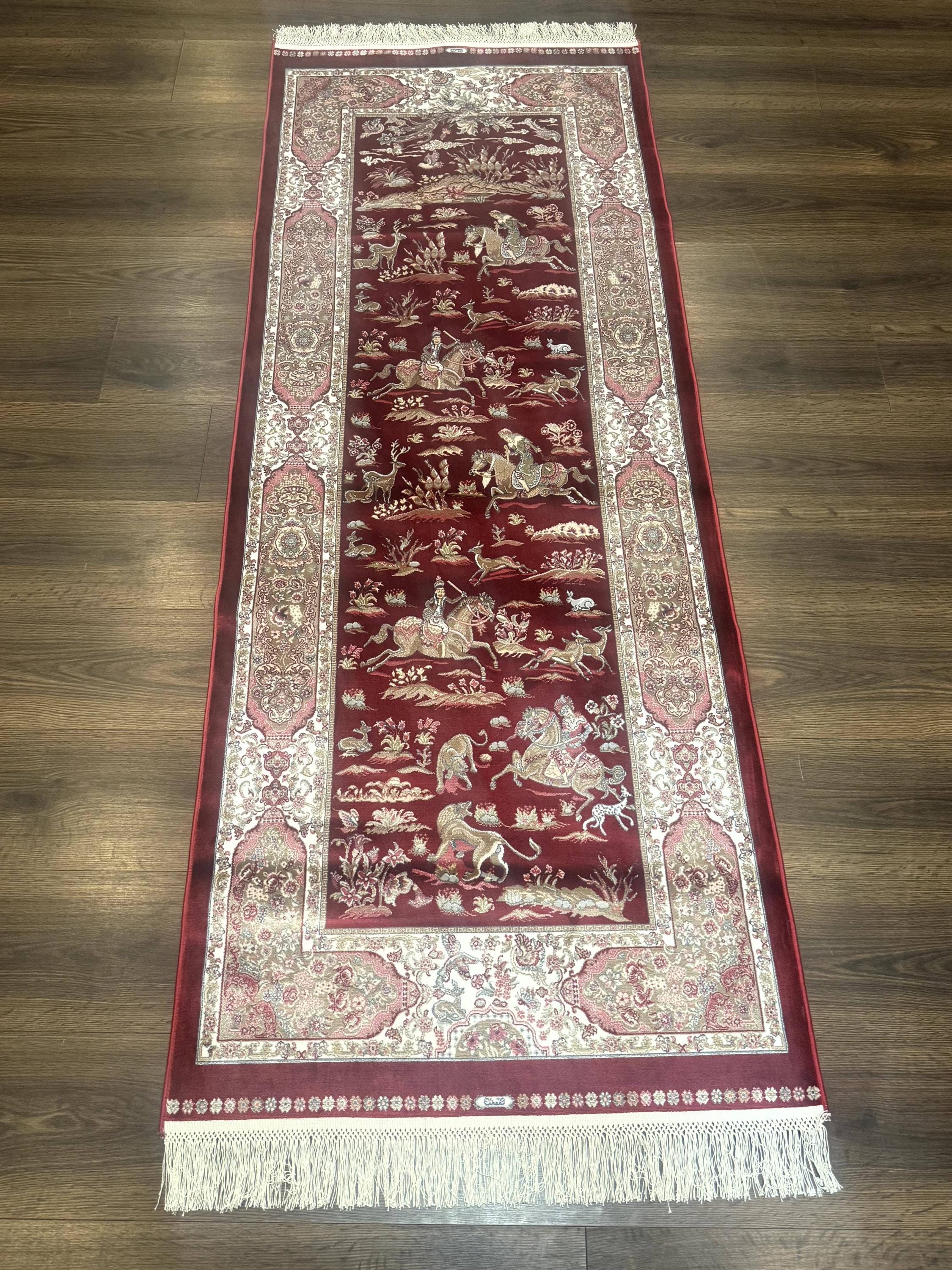 Turkish Silk Rug 2.6 X 6.7, Hunting Design, Short Runner Rug, Red ...