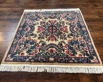Square Persian Kerman Rug 4x4, Ivory Blue Pink, Handmade, Fine 225 KPSI