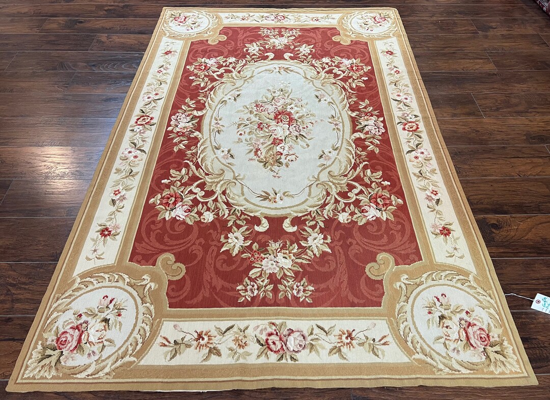 Aubusson Needlepoint Rug 5x8, Red Ivory Tan, Vintage Needlepoint Carpet