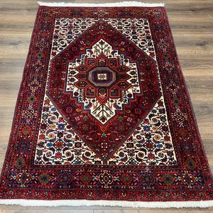 Fine Persian Rug 3x5, Geometric Medallion Oriental Carpet 3 x 5 ft, Ruby Red and Cream, Hand Knotted Wool Rug, Semi Antique Tribal Rug, Nice