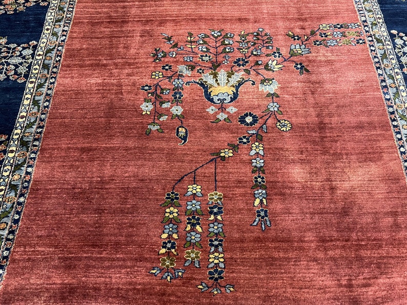 Large Persian Rug 10x17, Open Field, Red and Navy Blue, Palace Sized Oversized Hand Knotted Wool Oriental Carpet Flowers Vases Antique 1920s image 4