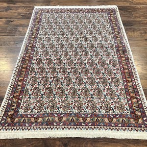 Persian Rug 4x6, Boteh Paisley Design, Allover Repeated Pattern, Ivory Hand Knotted Vintage Semi Antique Persian Oriental Carpet