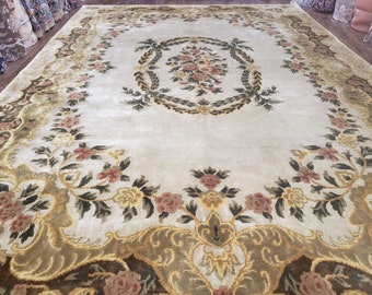 Aubusson Rug 10x14, Elegant French European Design, Vintage Handmade Carpet with Pile, Beige Floral Dining Room Rug, Living Room, Soft Wool