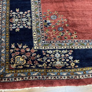 Large Persian Rug 10x17, Open Field, Red and Navy Blue, Palace Sized Oversized Hand Knotted Wool Oriental Carpet Flowers Vases Antique 1920s image 8