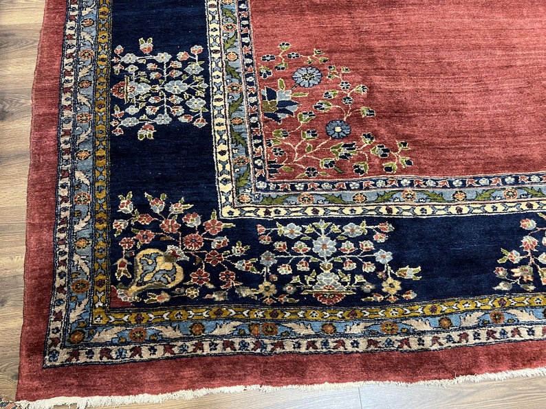 Large Persian Rug 10x17, Open Field, Red and Navy Blue, Palace Sized Oversized Hand Knotted Wool Oriental Carpet Flowers Vases Antique 1920s image 8