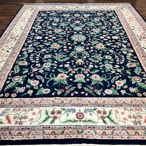 Indo Persian Rug 9x12, Wool Hand Knotted Vintage Carpet, Navy Blue & Ivory, Floral Allover Oriental Rug, 9 x 12 Room Sized Traditional Rug