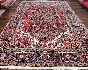 Persian Heriz Rug 8x12, Vintage Geometric Medallion Carpet, Semi Antique Wool Handmade Room Sized Oriental Rug 8 x 12, Red Dark Blue Ivory
