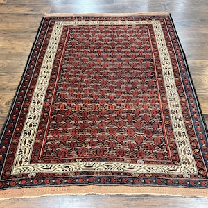 Persian Kurdish Rug 5x6, Wool Hand Knotted Vintage Carpet, Red Blue Cream, Boteh Paisley Pattern, 5 x 6 Medium Sized Oriental Rug
