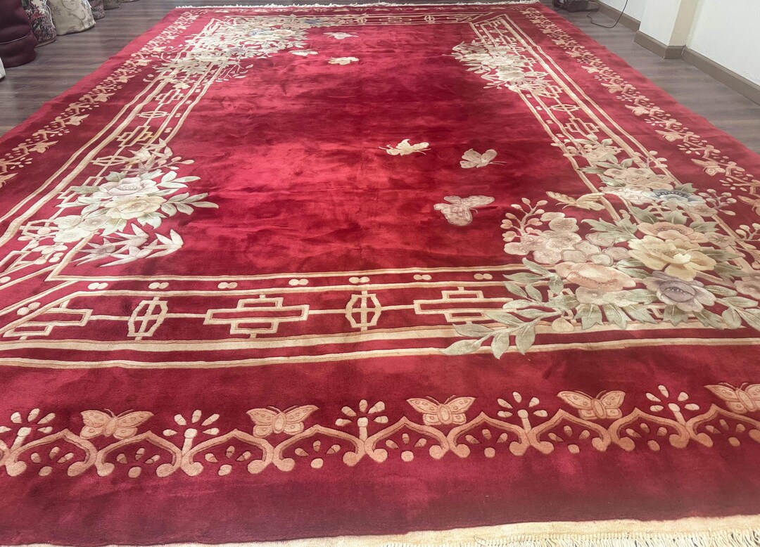Palace Size Chinese Wool Rug 12x18, Red Art Deco Chinese Carving Carpet ...