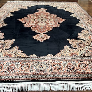 Karastan Rug 10x13, Karastan Ebony Kirman Rug, Room SIzed Wool Pile Vintage Karastan Carpet, Belgium Power Loomed Rug, Black Semi Open Field