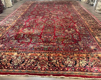 Persian Sarouk Rug 10x18, Palace Size Antique Persian Carpet, Wool, Red, Floral, Handmade Traditional Persian Rug, Extra Large Rug