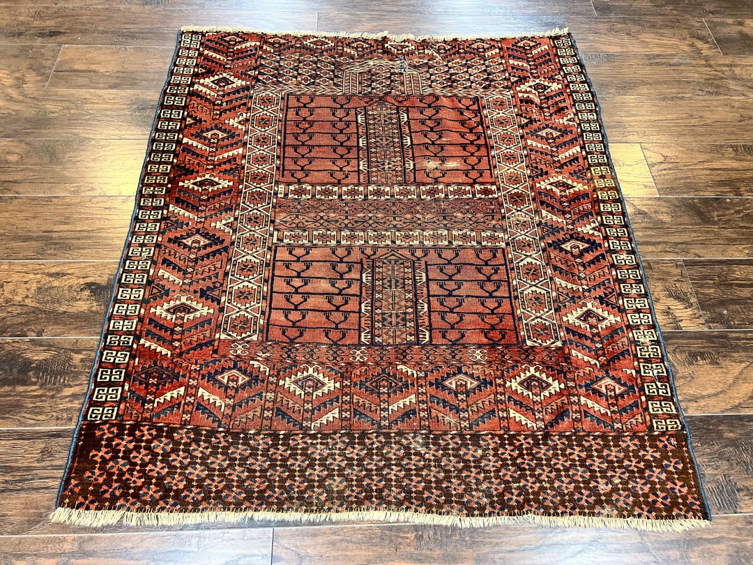 Hatchli Rug Antieke Turkoman Rug 4x4, Hatchli Square Carpet, Wol Handgemaakte Vier ...