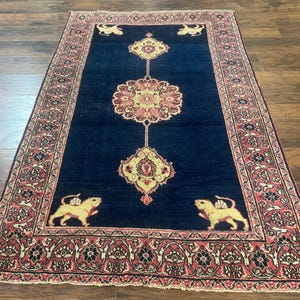 Antique Persian Rug 4x6, Semi Open Field, Navy Blue, Lion Pictorials, Triple Medallion