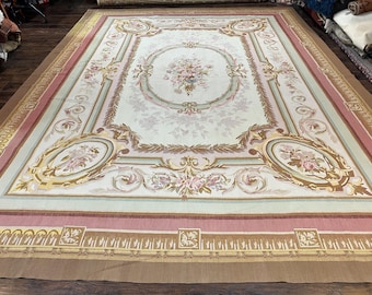 Large Aubusson Rug 11x15, Oversized Gallery Palace Size Flatweave Savonnerie Carpet 11 x 15 ft, Wool Handmade Vintage Elegant European