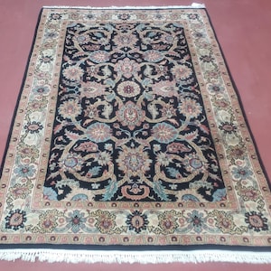 Vintage Indo Persian Mahal Area Rug 4x6, Wool Hand-Knotted Midnight Blue & Ivory Floral Design Indian Carpet, 4 x 6 Traditional Oriental Rug