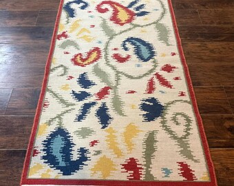 Indischer Kelim Teppich 100x150, Abstrakt, Beige und Multicolor Blumen, Handgemacht