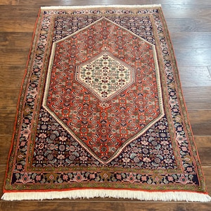 Persian Bidjar Rug 4x5, Finely Hand Knotted Vintage Carpet, Red and Navy Blue, Handmade Wool Rug, 180 KPSI