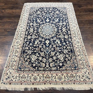 Very Fine Persian Rug 3.7 x 6, Floral Medallion, Wool and Silk Accents, Highly Detailed, Hand Knotted Oriental Carpet, Navy Blue Ivory/Cream