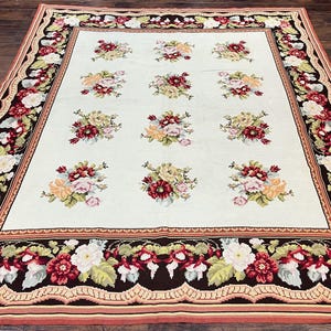 Portuguese Needlepoint Rug 8x9, Vintage Rug 8 x 9 ft, Ivory Dark Brown Hand-Woven Wool Portuguese Carpet, European Rug