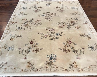 Chinese 120 Line Rug 8x10, Chinese Aubusson Wool & Silk Highlights Handmade Vintage Carpet, Beige Fine Weave Rug, Floral European Design