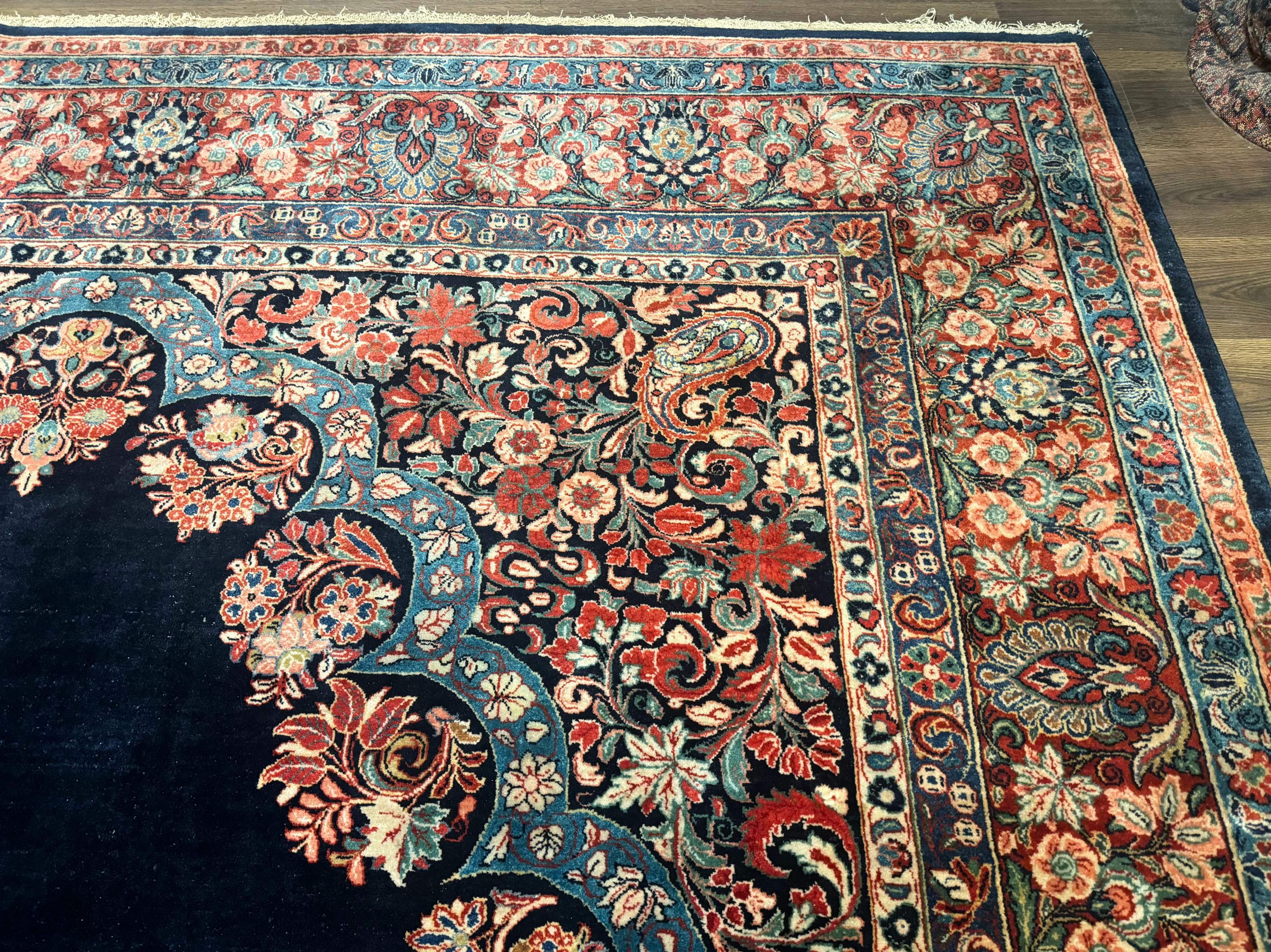 Persian Sarouk Rug 10x16 – Navy Blue and Red, Hand-knotted Wool Antique ...